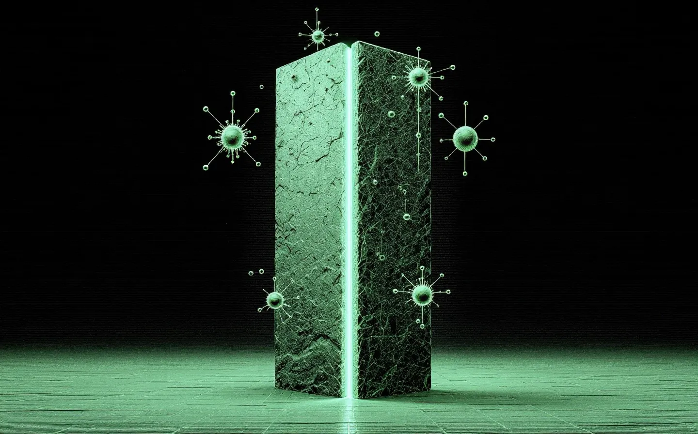 A monolithic standing-stone slab with a glowing viridian seam radiating into abstract immune-cell nodes on black-green